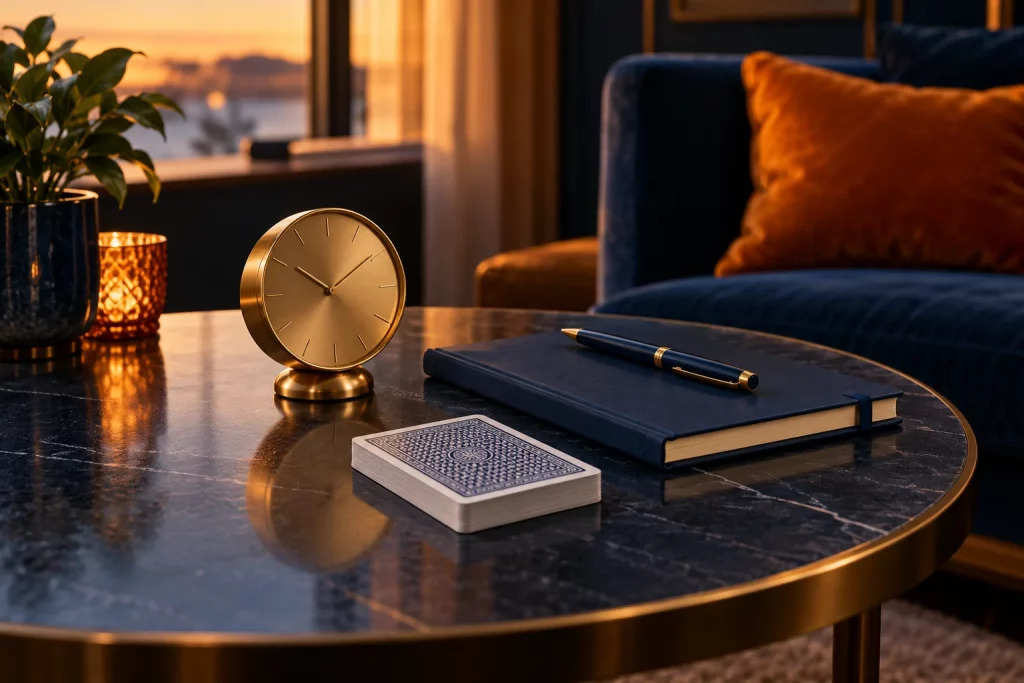 Clock, notebook and card table in a lounge