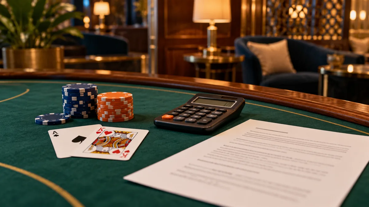 Puma India bonus terms guide illustration with casino chips, playing cards, a calculator and a terms sheet on green felt.