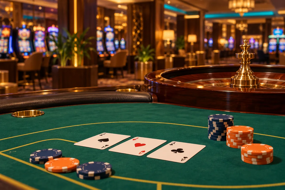 Puma India casino guide illustration with playing cards and casino chips on green felt, with a roulette bowl and slot cabinets in the background.