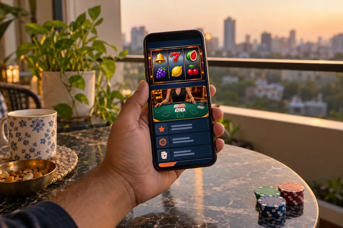 Puma India mobile casino guide illustration: an adult holds a phone showing a fictional slot and live-table information screen on an Indian balcony.